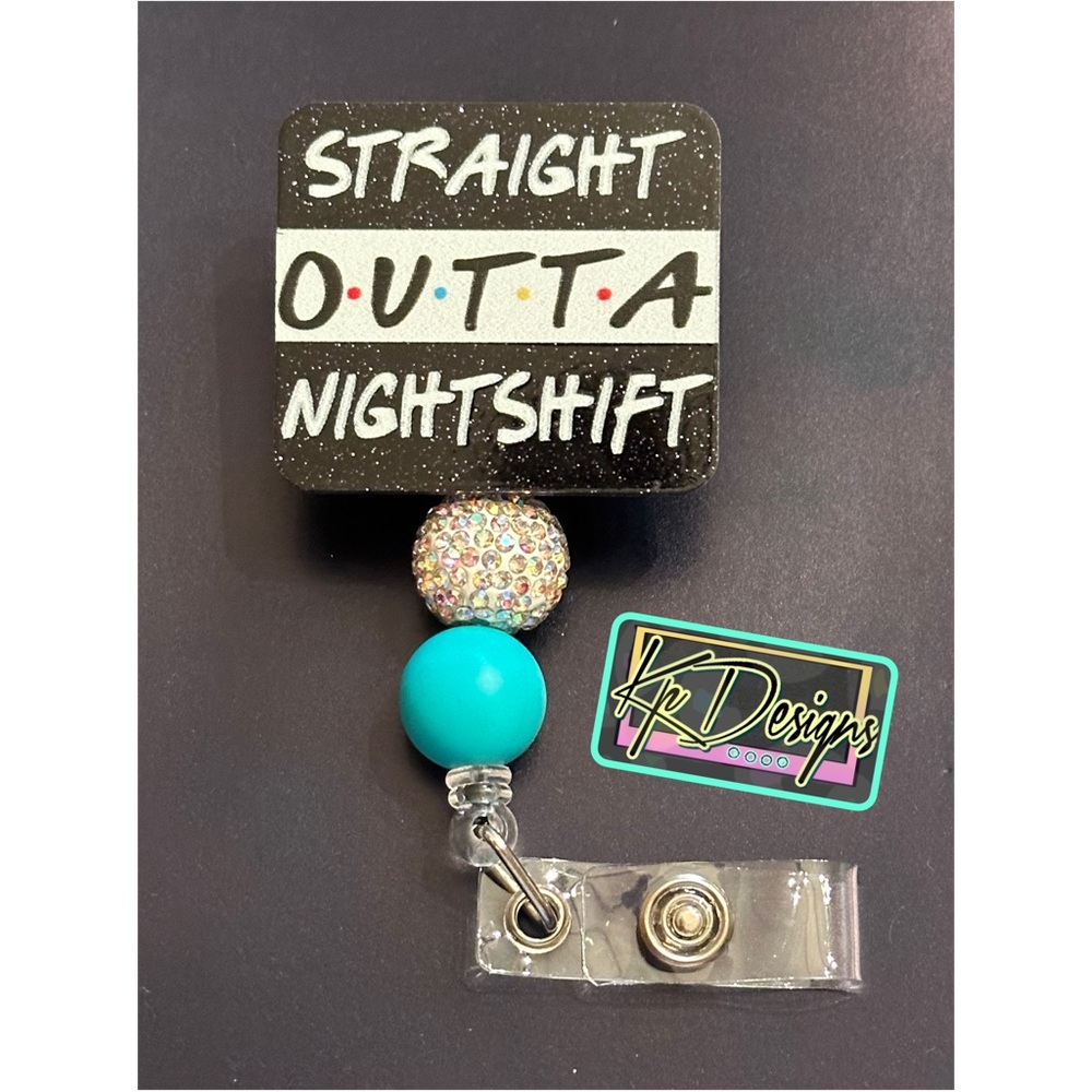 Night shift badge reel with beads (alligator swivel clip)